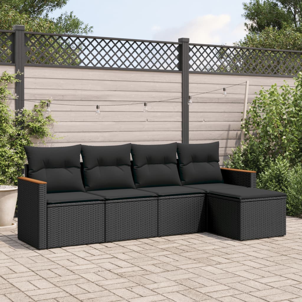 vidaXL 5-tlg. Garten-Sofagarnitur mit Kissen Schwarz Poly Rattan