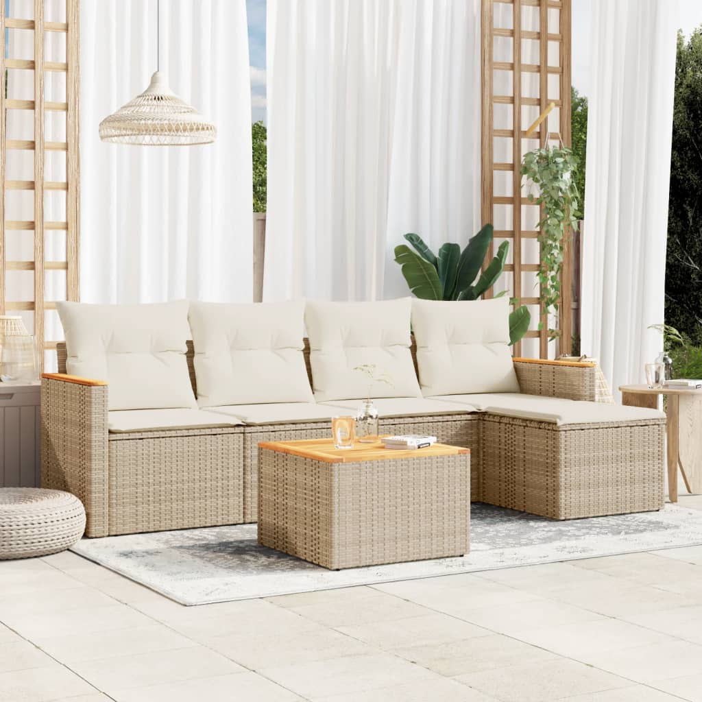 vidaXL 6-tlg. Garten-Sofagarnitur mit Kissen Beige Poly Rattan