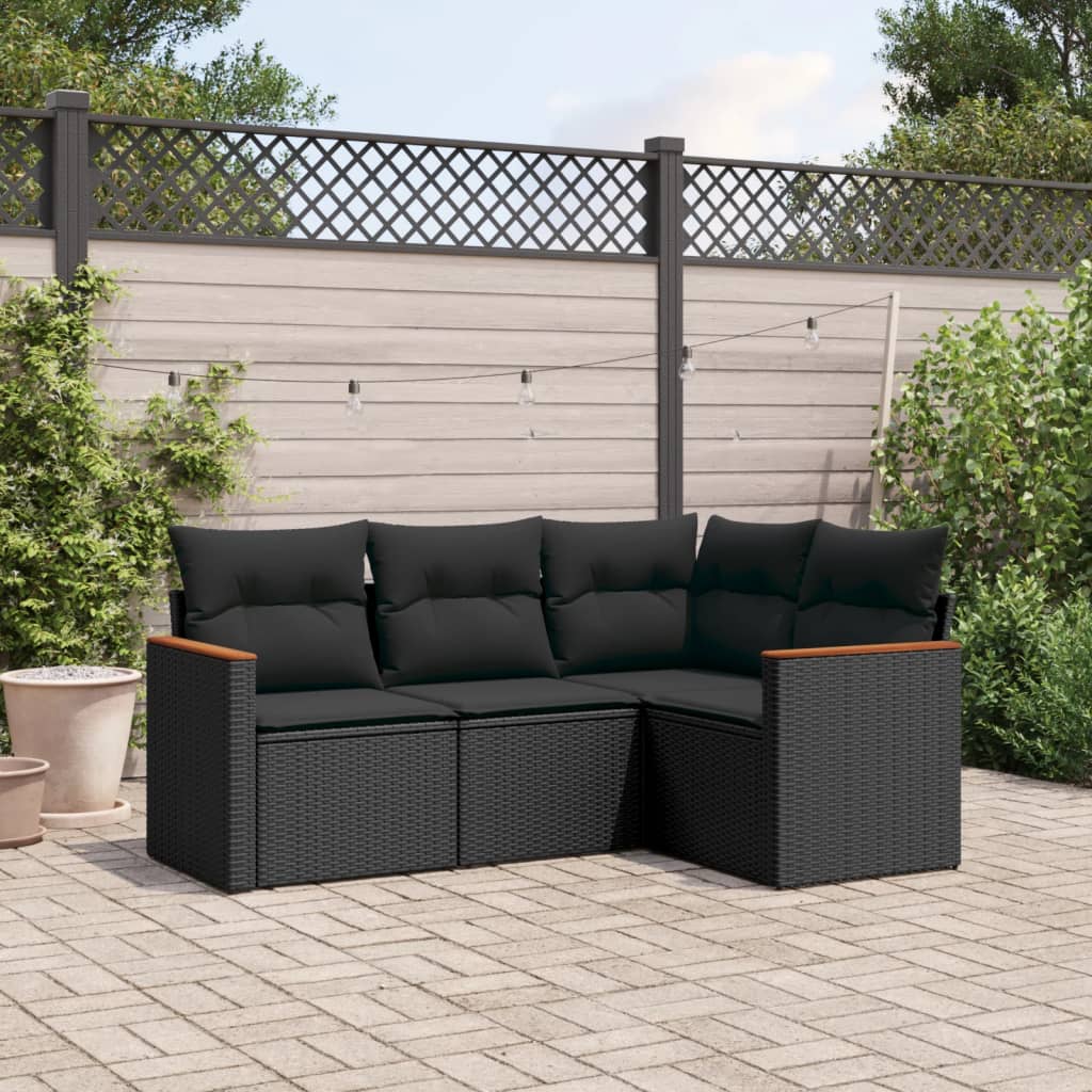 4-tlg. Garten-Sofagarnitur mit Kissen Schwarz Poly Rattan