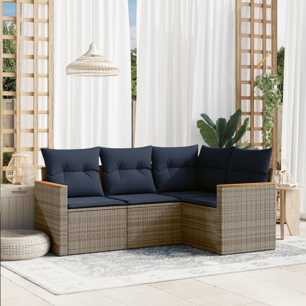 vidaXL 4-teiliges Gartensofa-Set mit Kissen, grau, Polyrattan