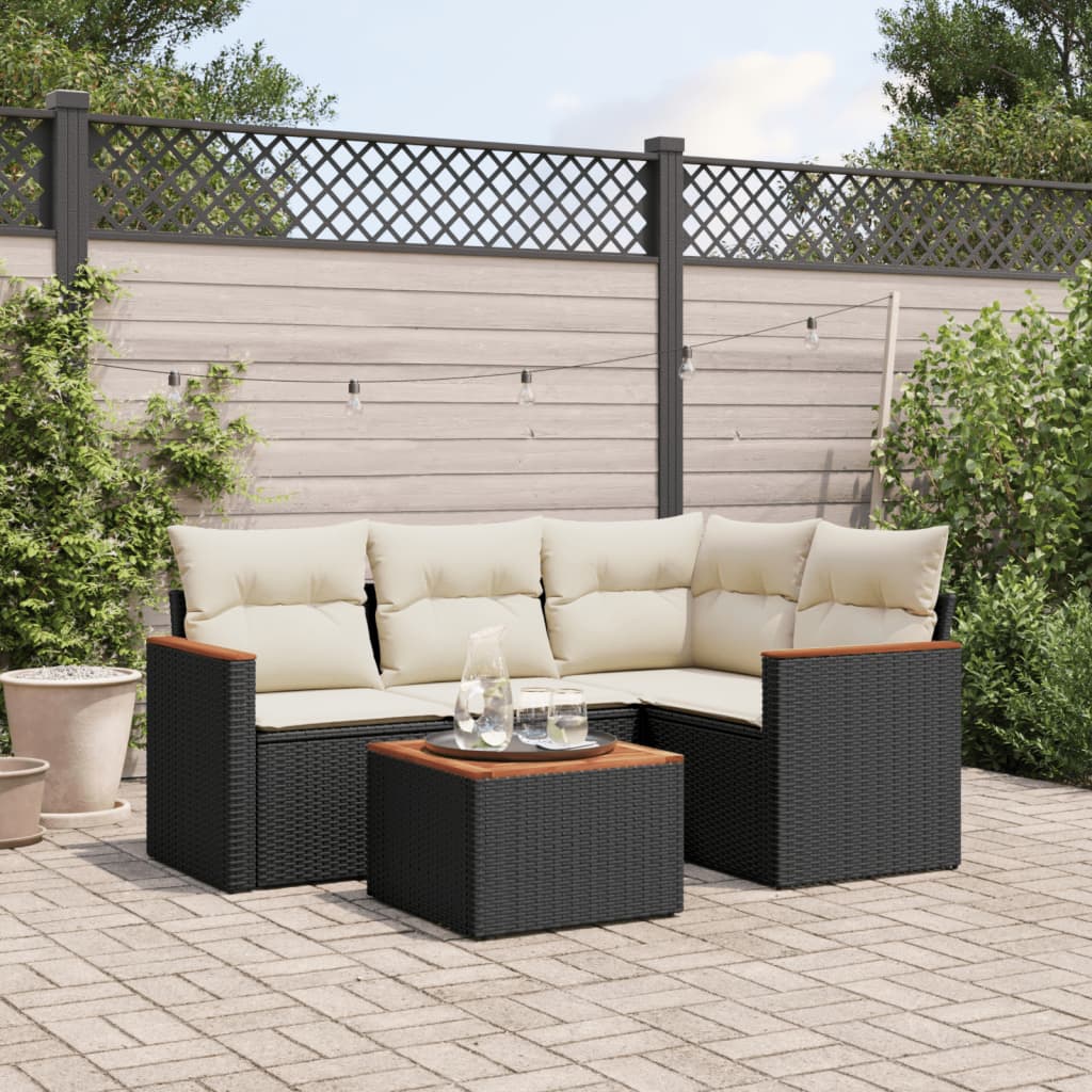 vidaXL 5-tlg. Garten-Sofagarnitur mit Kissen Schwarz Poly Rattan