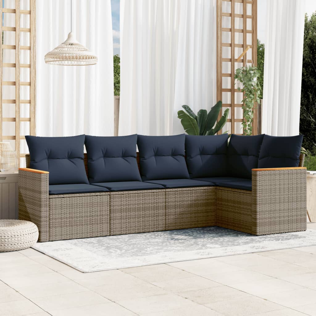 vidaXL 5-teiliges Gartensofa-Set mit Kissen, grau, Polyrattan