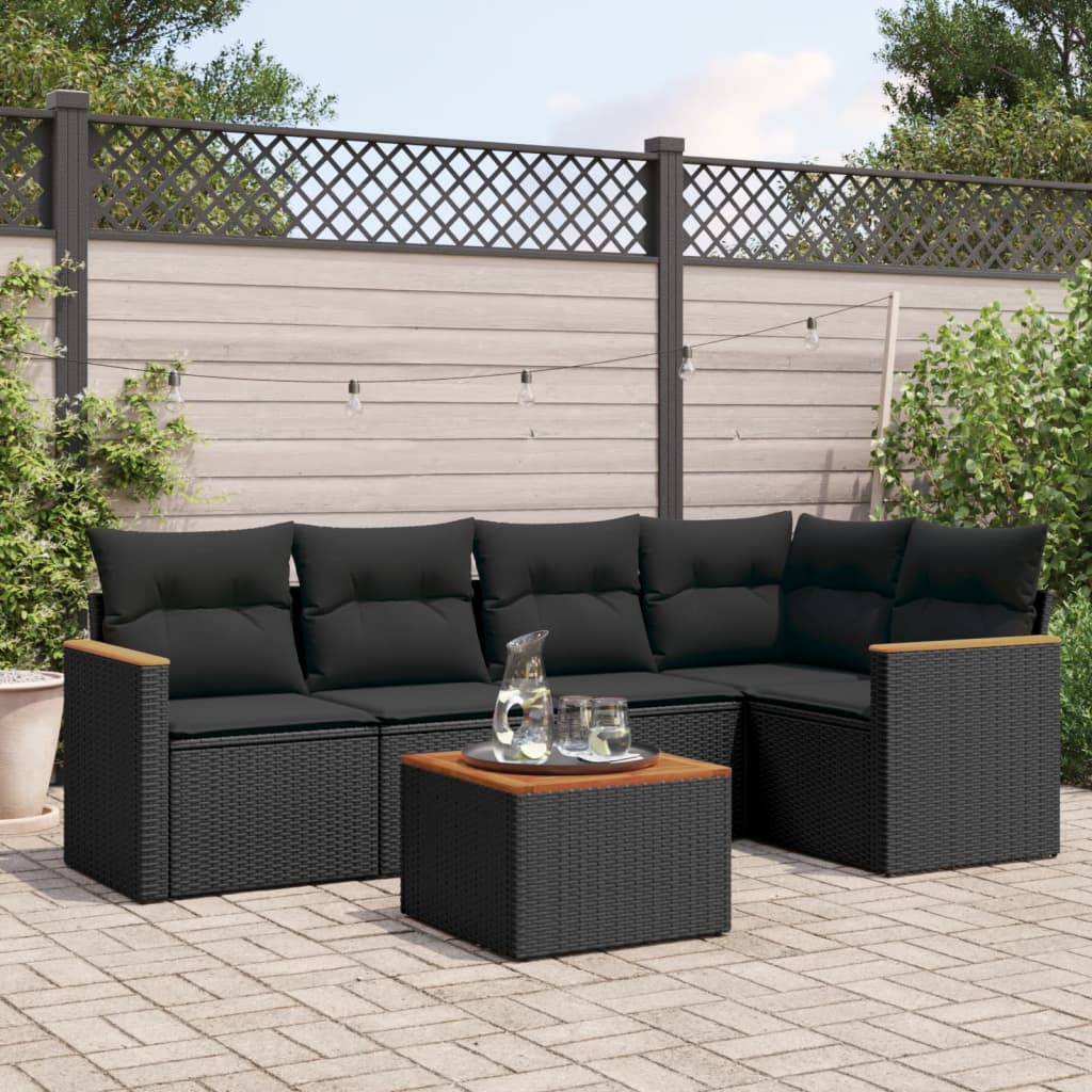 vidaXL 6-tlg. Garten-Sofagarnitur mit Kissen Schwarz Poly Rattan