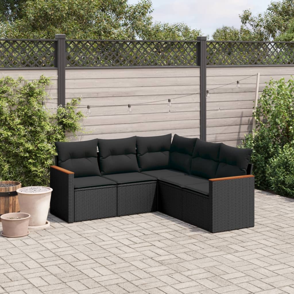 vidaXL 5-tlg. Garten-Sofagarnitur mit Kissen Schwarz Poly Rattan