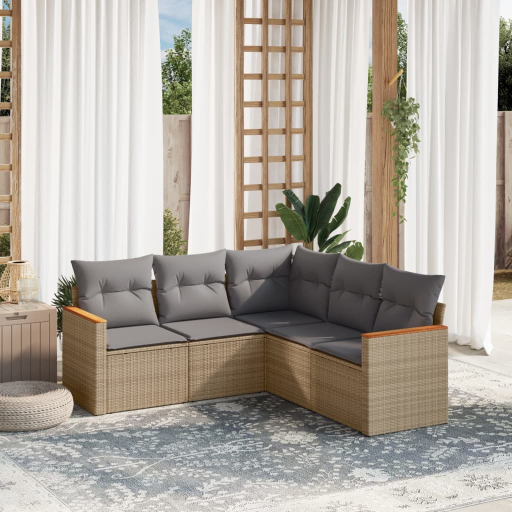 vidaXL 5-tlg. Garten-Sofagarnitur mit Kissen Beige Poly Rattan