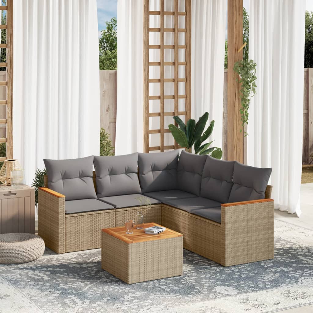 vidaXL 6-tlg. Garten-Sofagarnitur mit Kissen Beige Poly Rattan