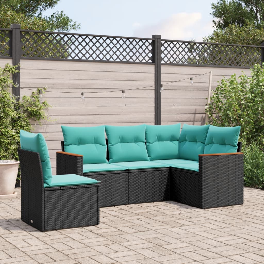 Havesofasæt i 5 dele med hynder - sort polyrattan, blå puder