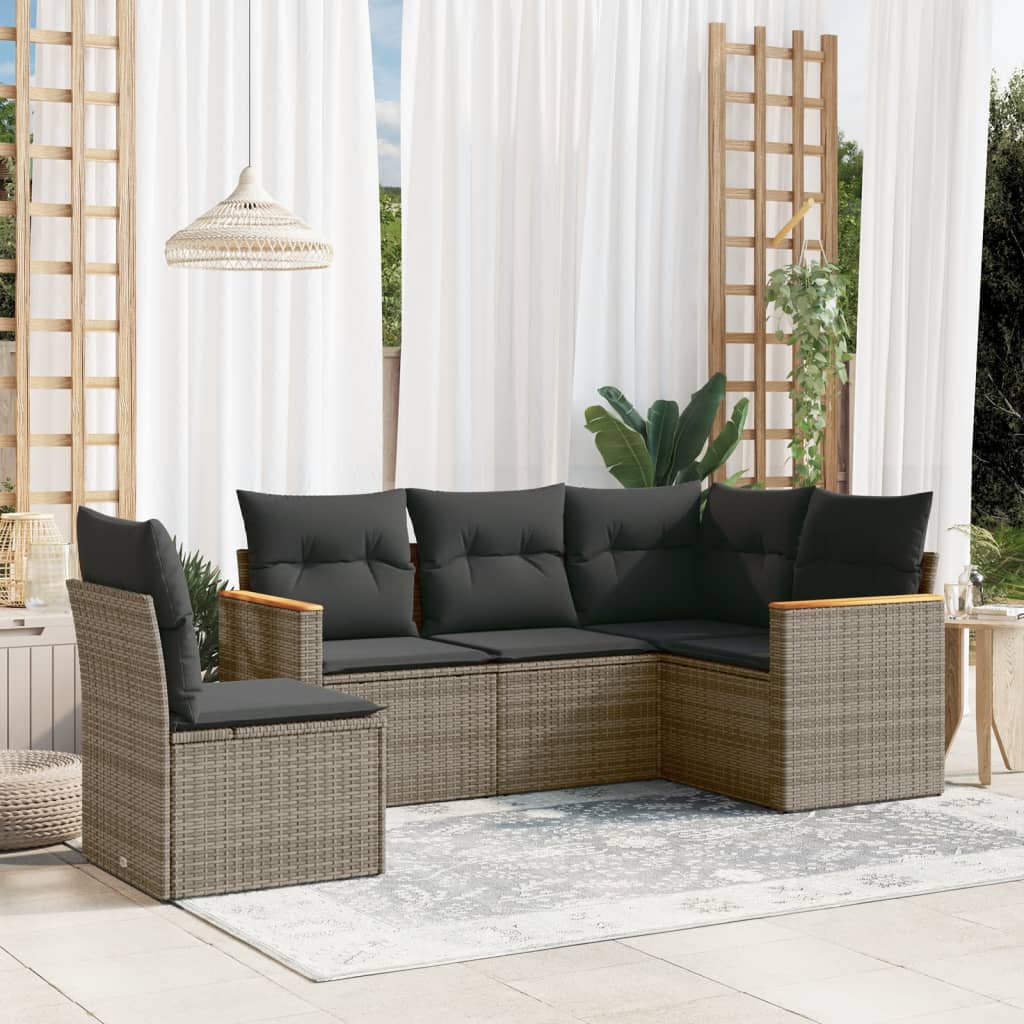 5-tlg. Garten-Sofagarnitur mit Kissen Grau Poly Rattan