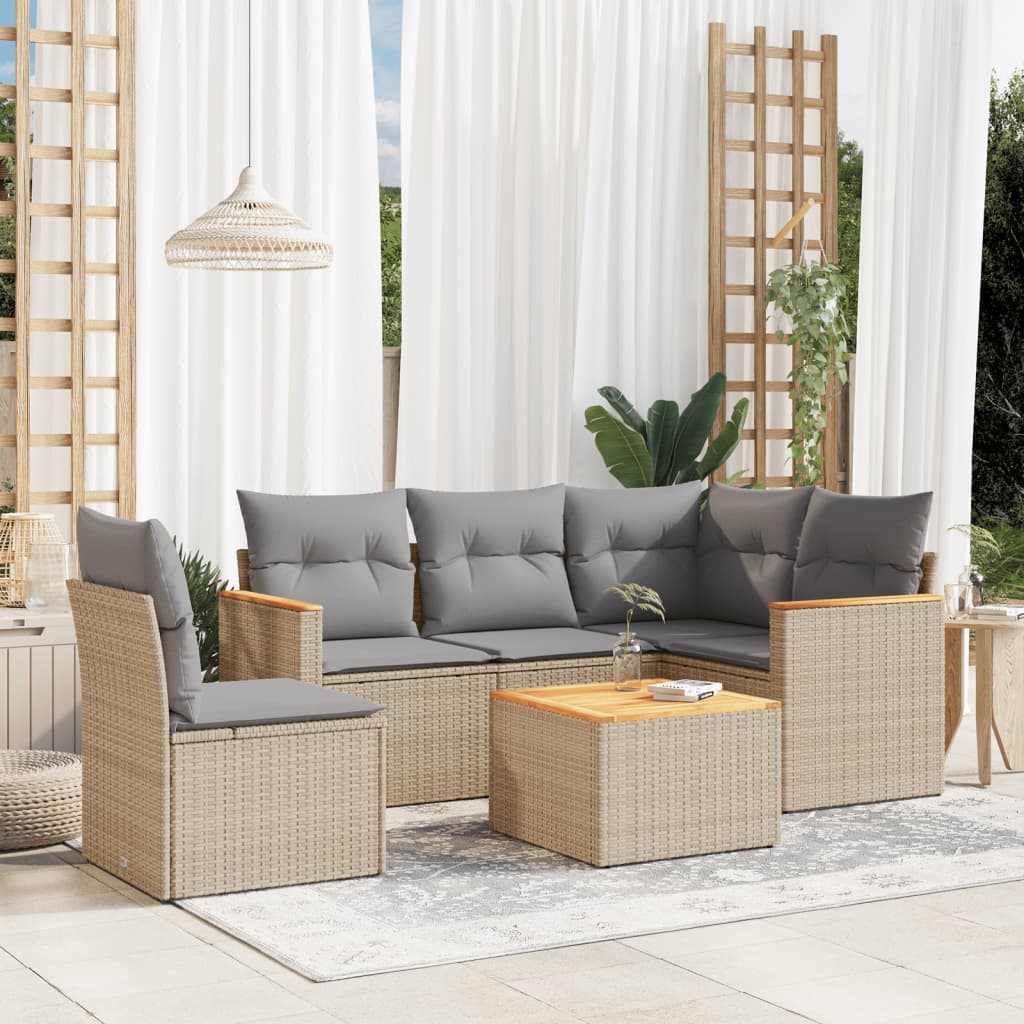 vidaXL 6-tlg. Garten-Sofagarnitur mit Kissen Beige Poly Rattan