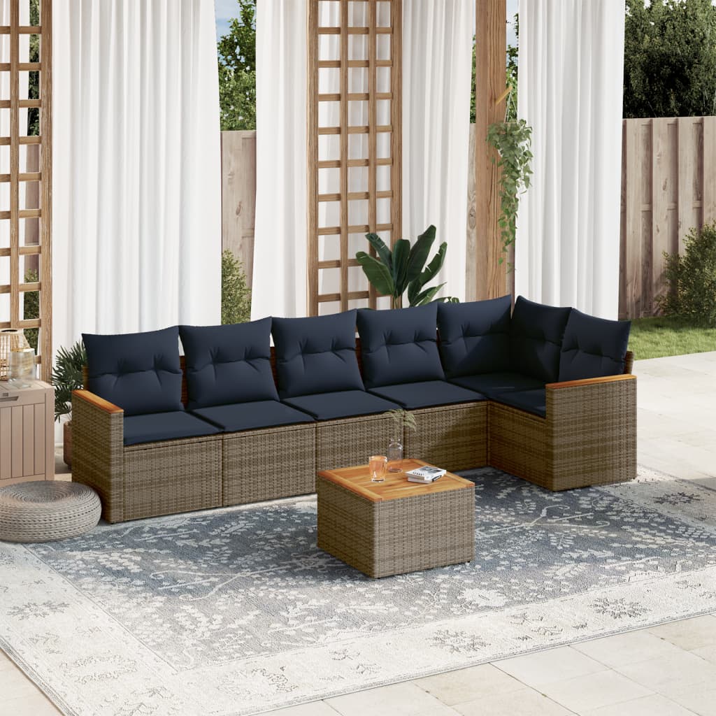vidaXL 7-teiliges Gartensofa-Set mit Kissen, grau, Polyrattan