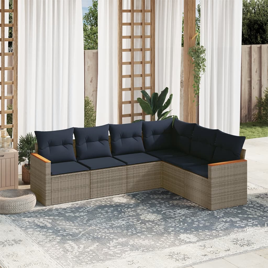 vidaXL 6-teiliges Gartensofa-Set mit Kissen, grau, Polyrattan