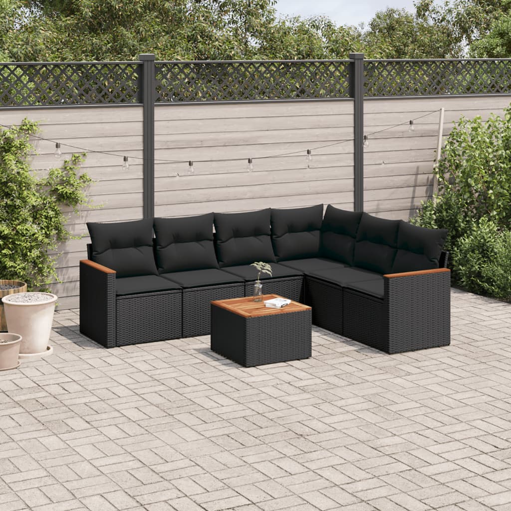 7-tlg. Garten-Sofagarnitur mit Kissen Schwarz Poly Rattan