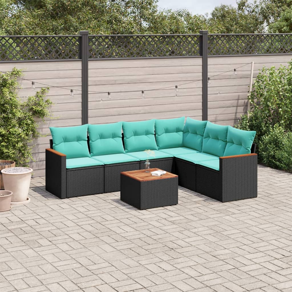 Havesofasæt i sort polyrattan med akacietræsbord - 7 ryghynder, 6 sædehynder, modulopbygget