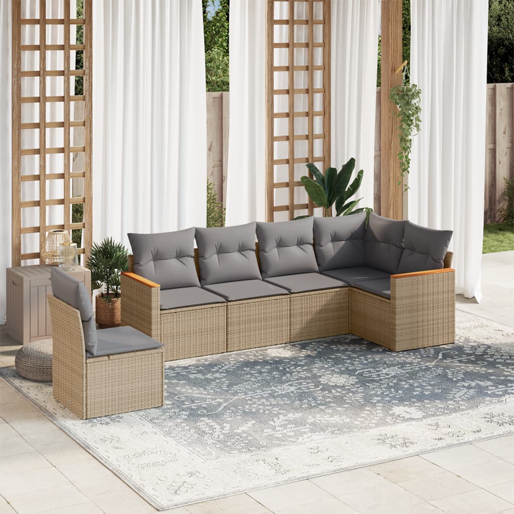 6-tlg. Garten-Sofagarnitur mit Kissen Beige Poly Rattan