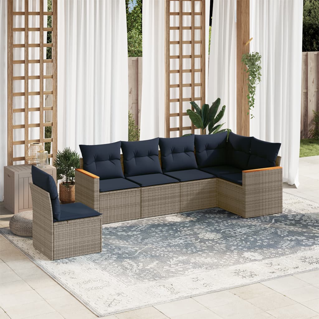 vidaXL 6-teiliges Gartensofa-Set mit Kissen, grau, Polyrattan