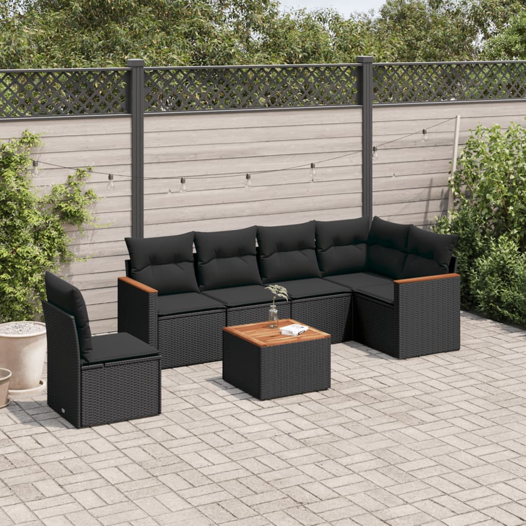 vidaXL 7-tlg. Garten-Sofagarnitur mit Kissen Schwarz Poly Rattan