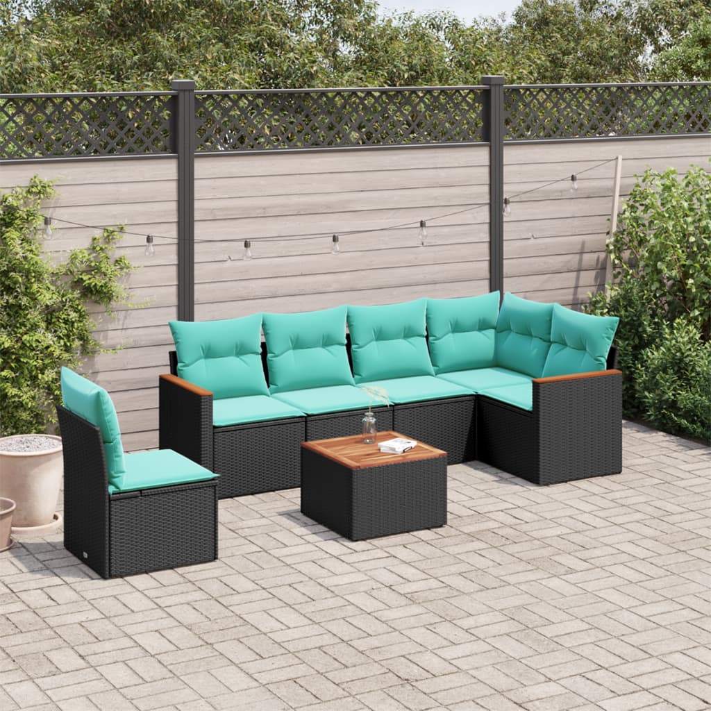 vidaXL 7-teiliges Gartensofa-Set mit Kissen, schwarzes Polyrattan