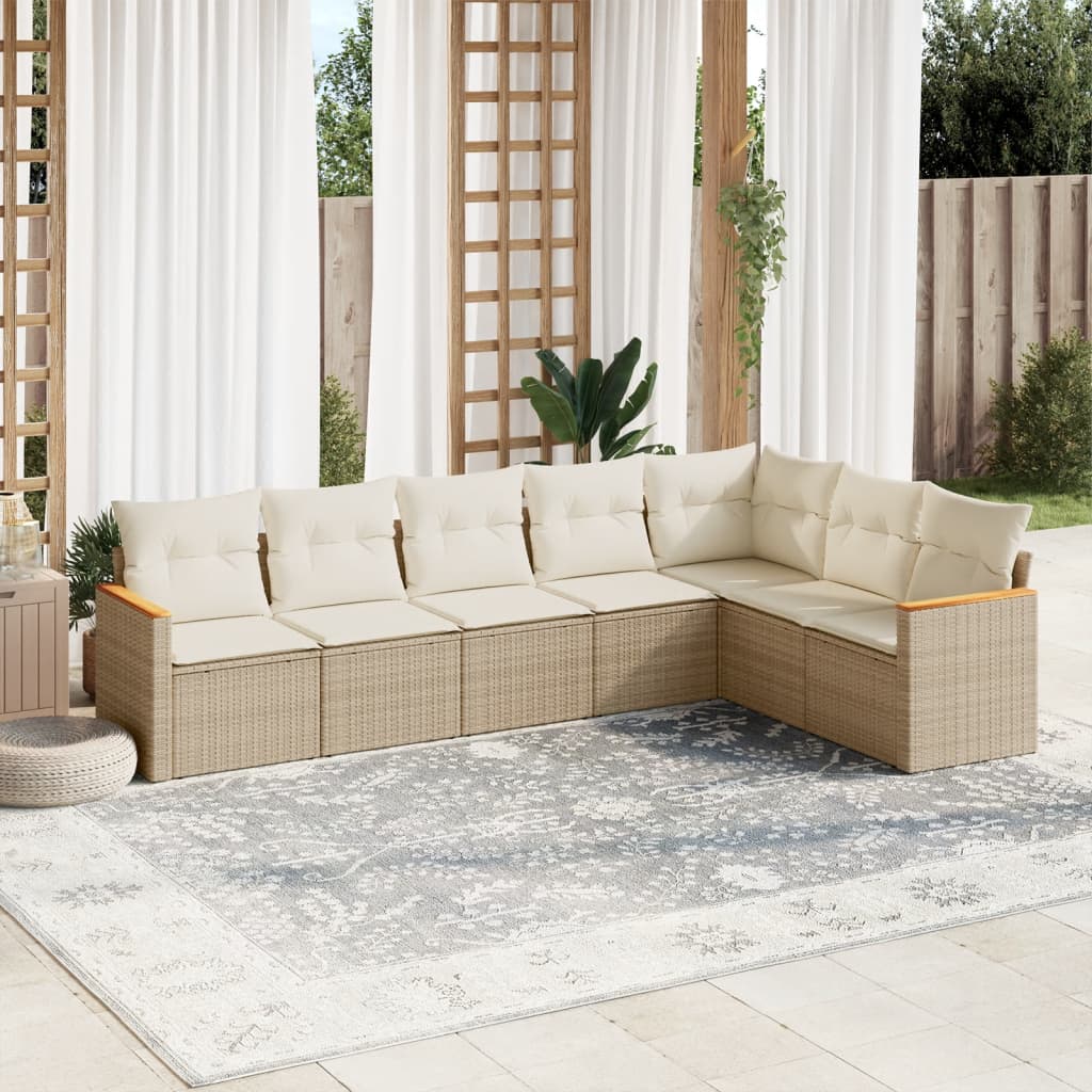 vidaXL 7-tlg. Garten-Sofagarnitur mit Kissen Beige Poly Rattan