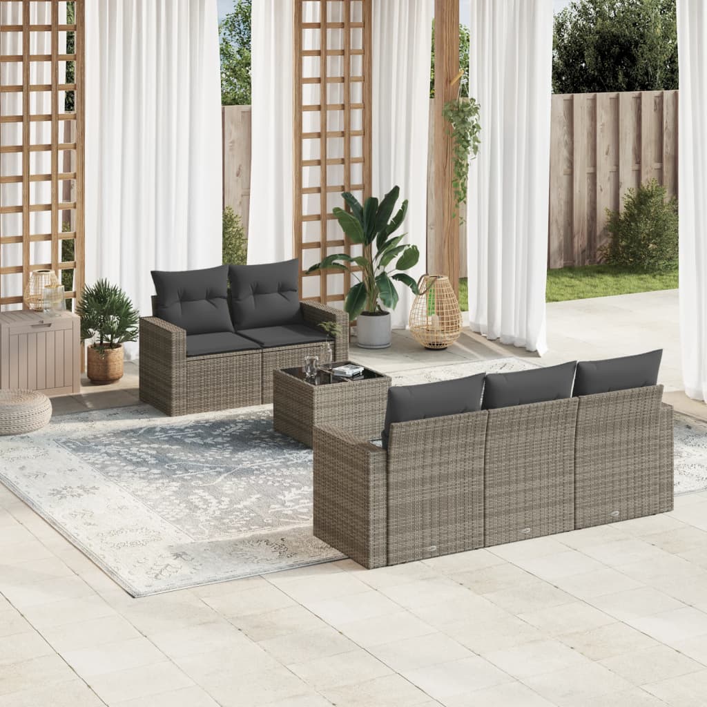 Sofasæt til haven - 6 dele med hynder og opbevaring i polyrattan, grå