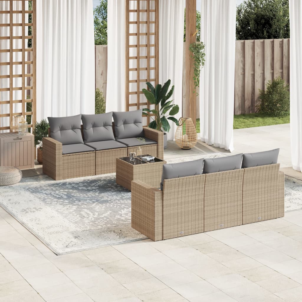 vidaXL 7-tlg. Garten-Sofagarnitur mit Kissen Beige Poly Rattan