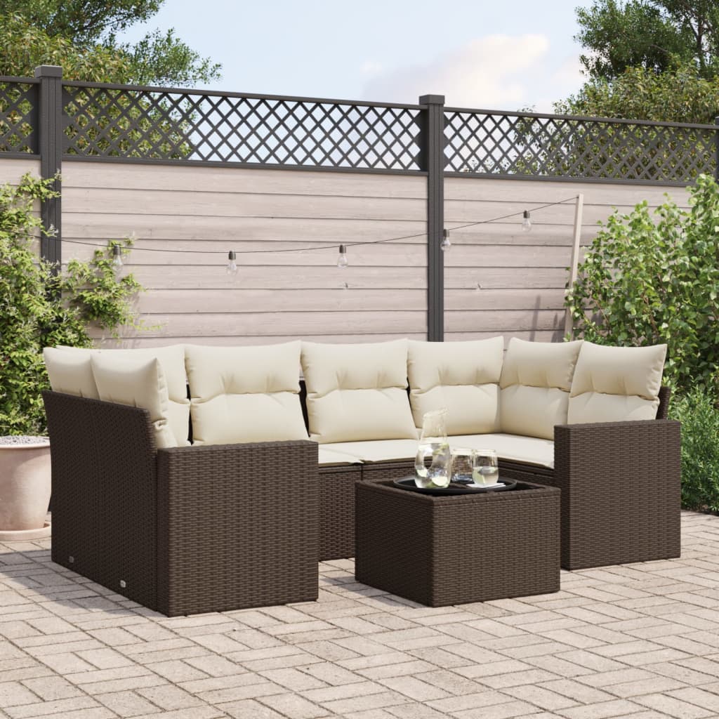 vidaXL 7-tlg. Garten-Sofagarnitur mit Kissen Braun Poly Rattan