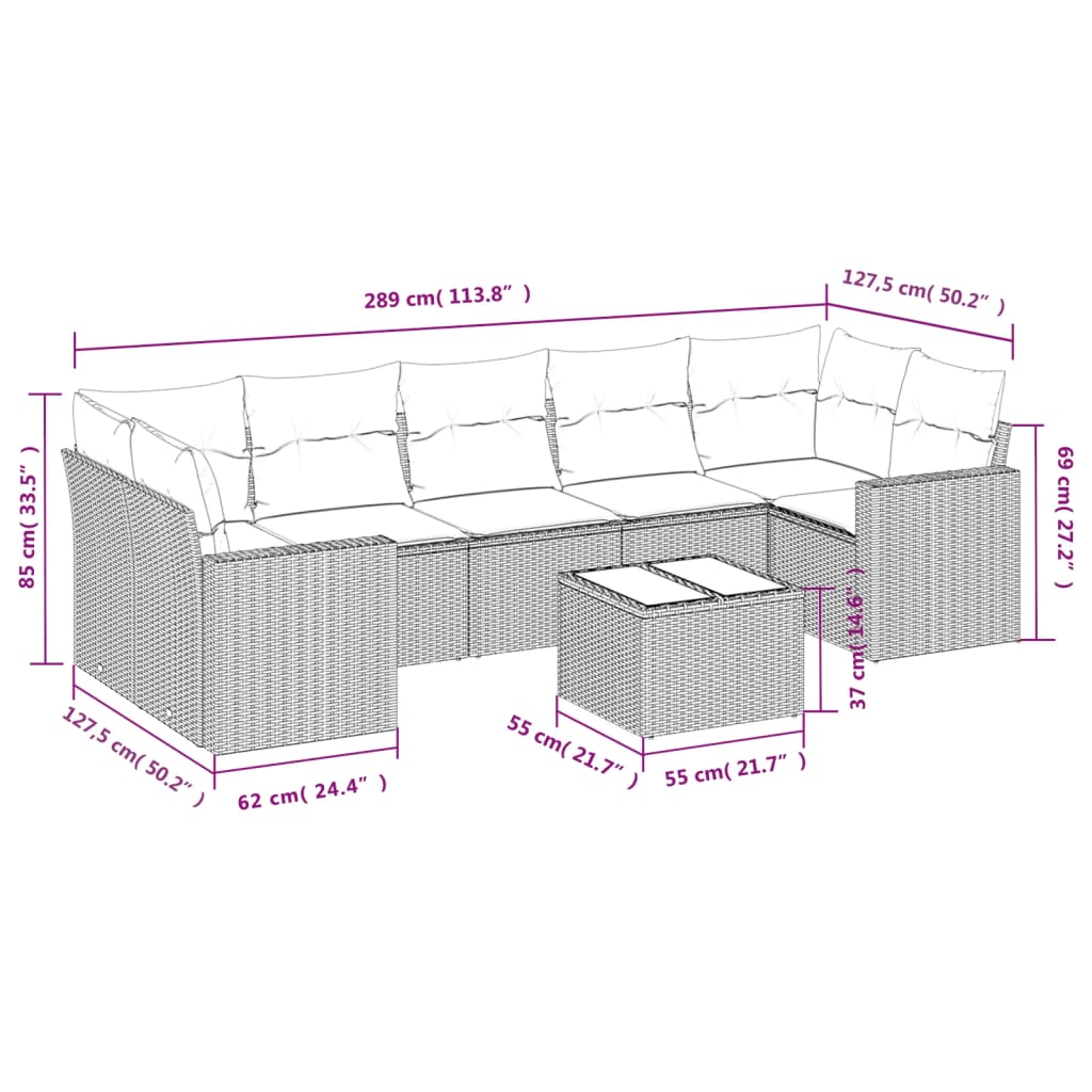 vidaXL 8-delige Loungeset met kussens poly rattan grijs