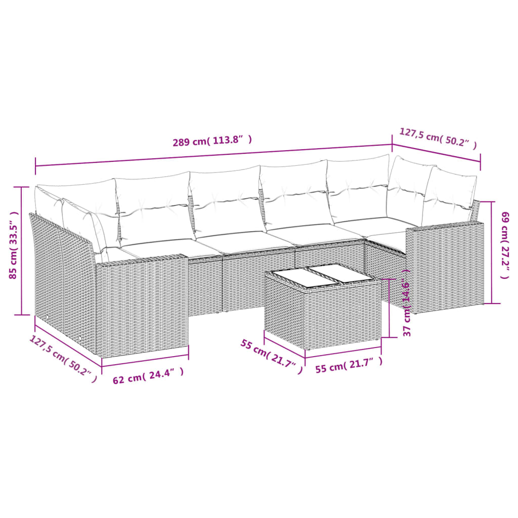 vidaXL 8-delige Loungeset met kussens poly rattan lichtgrijs afbeelding