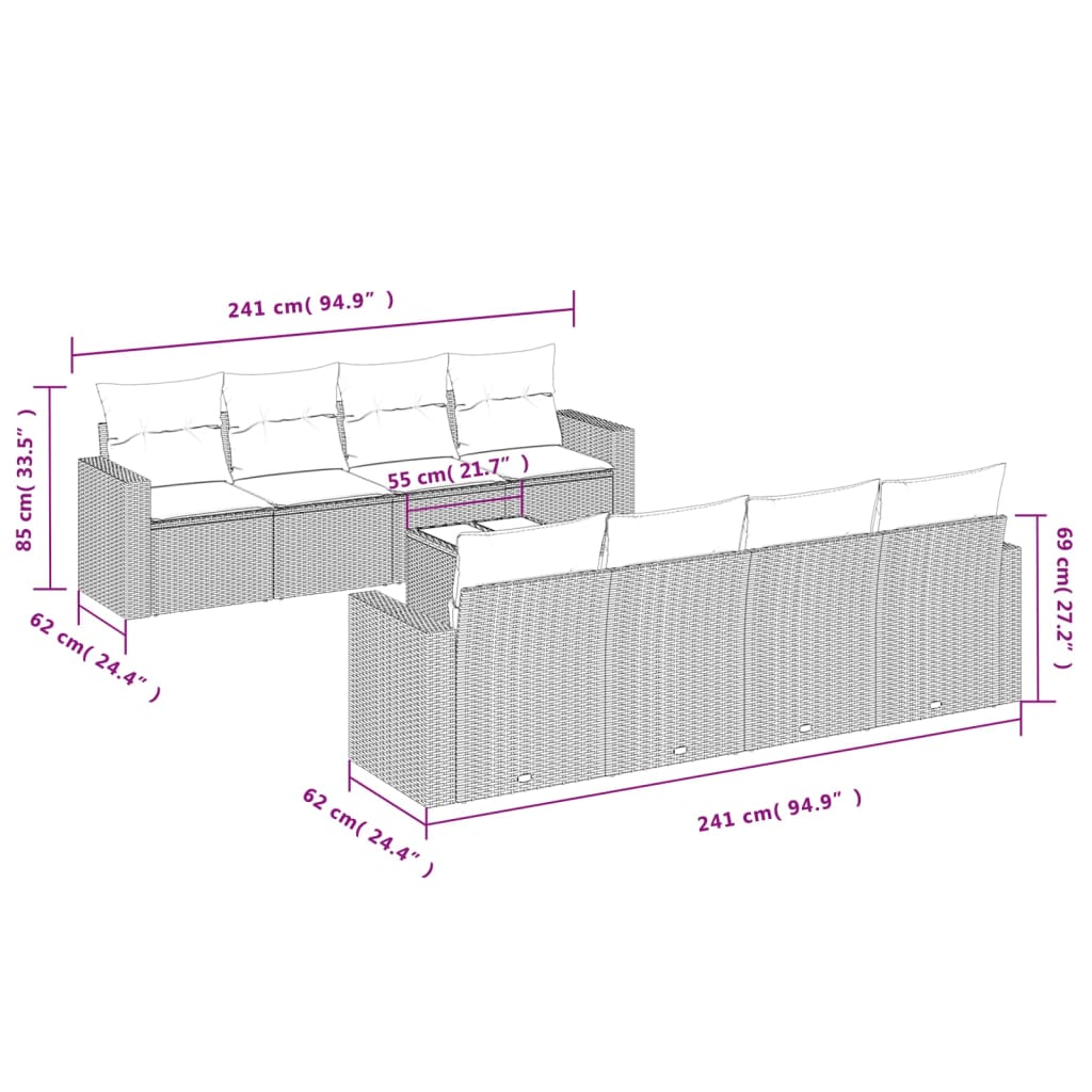 Set mobilier de grădină cu perne, 9 piese, negru, poliratan 3251082 - imagine 3