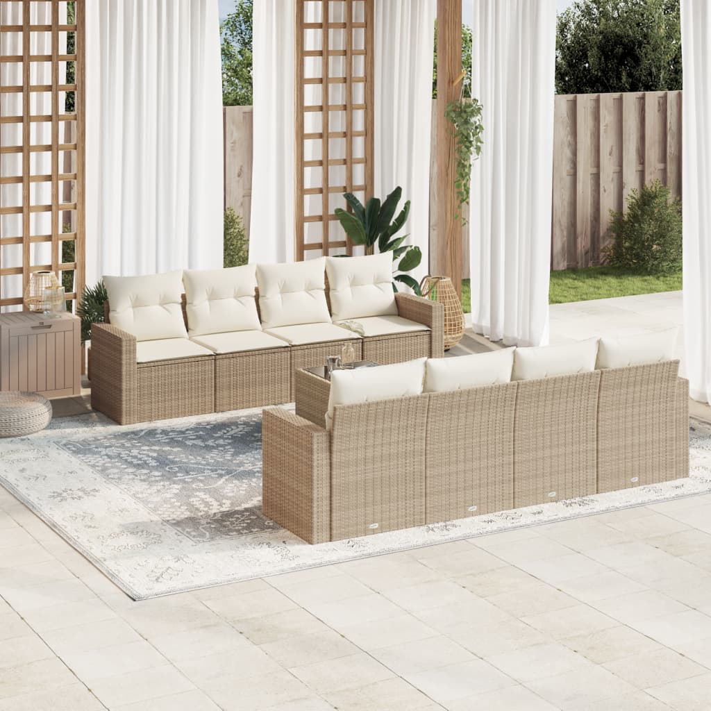 vidaXL 9-tlg. Garten-Sofagarnitur mit Kissen Beige Poly Rattan