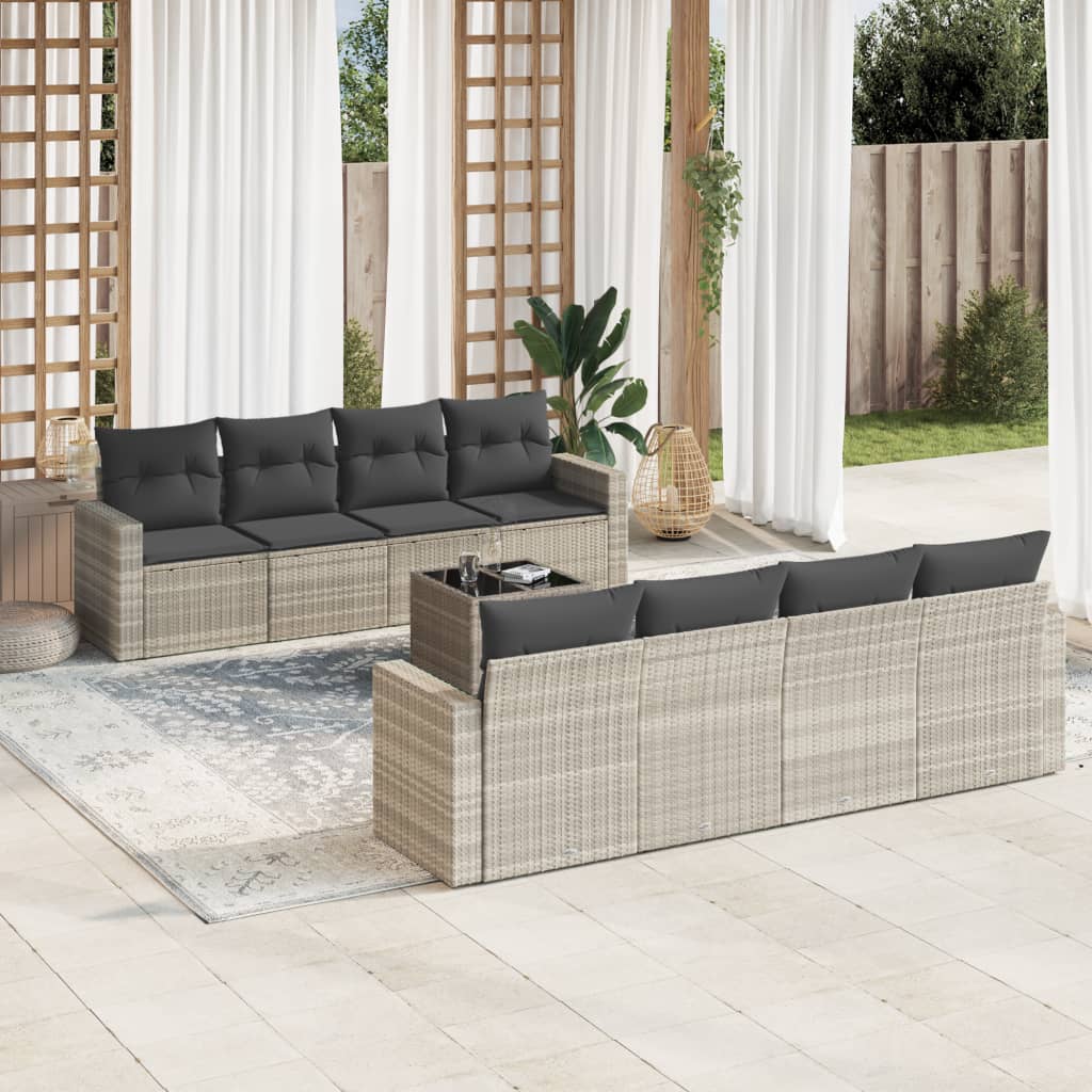 Sofasæt til haven 9 dele med hynder og opbevaring i polyrattan lysegrå