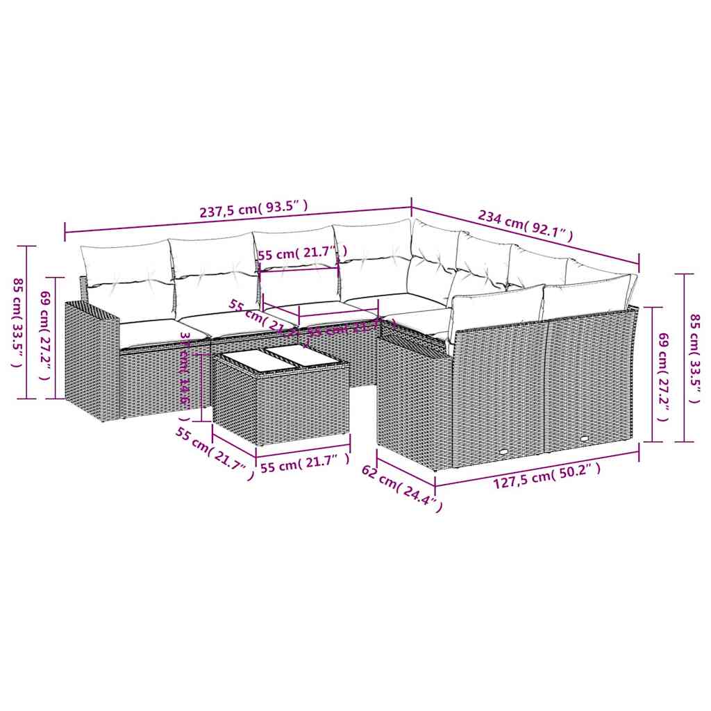 Set mobilier de grădină cu perne, 9 piese, negru, poliratan 3251092 - imagine 3