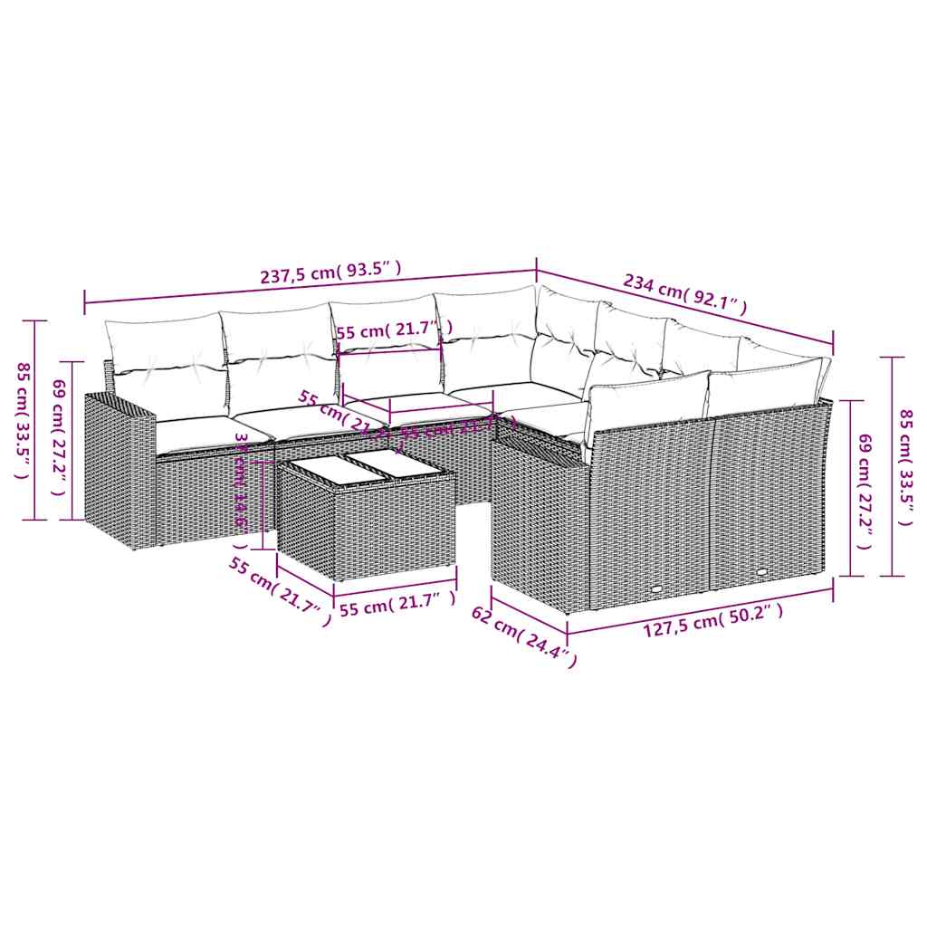 Thumbnail - vidaXL 9-tlg. Garten-Sofagarnitur mit Kissen Braun Poly Rattan