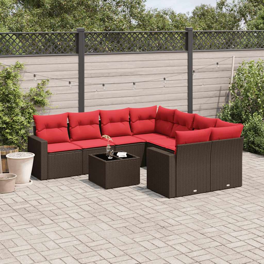 Set de sofás de jardín 9 pzas y cojines ratán sintético marrón