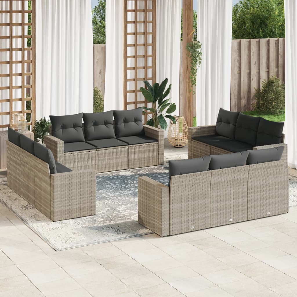 vidaXL 12-tlg. Garten-Sofagarnitur mit Kissen Hellgrau Poly Rattan