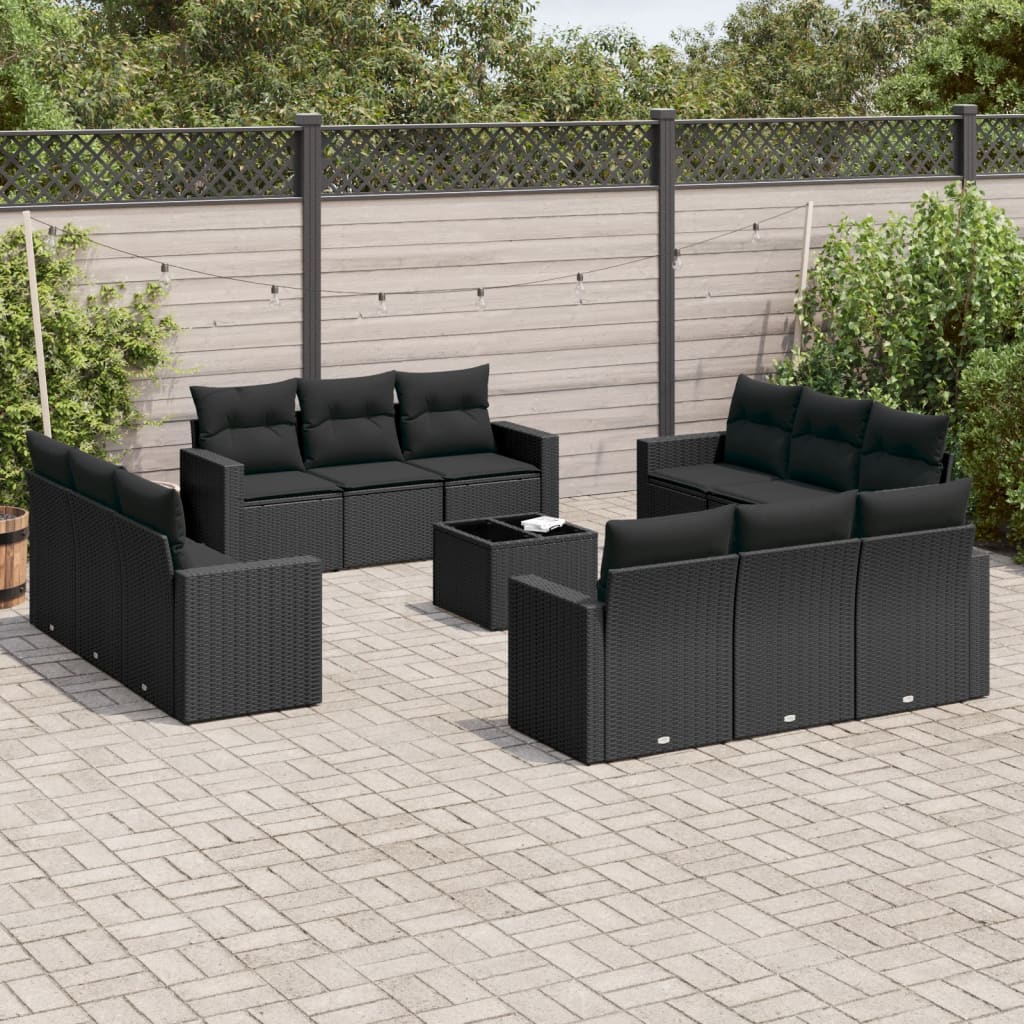 vidaXL 13 Piece Garden Sofa Set with Cushions Black Poly Rattan