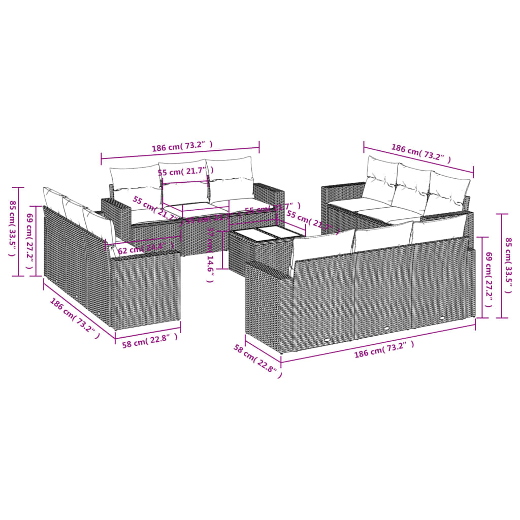 vidaXL 13-delige Loungeset met kussens poly rattan zwart afbeelding
