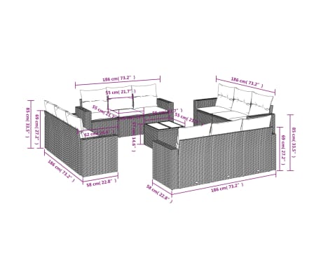 vidaXL 13 pcs conjunto de sof&aacute;s p/ jardim com almofad&otilde;es vime PE bege