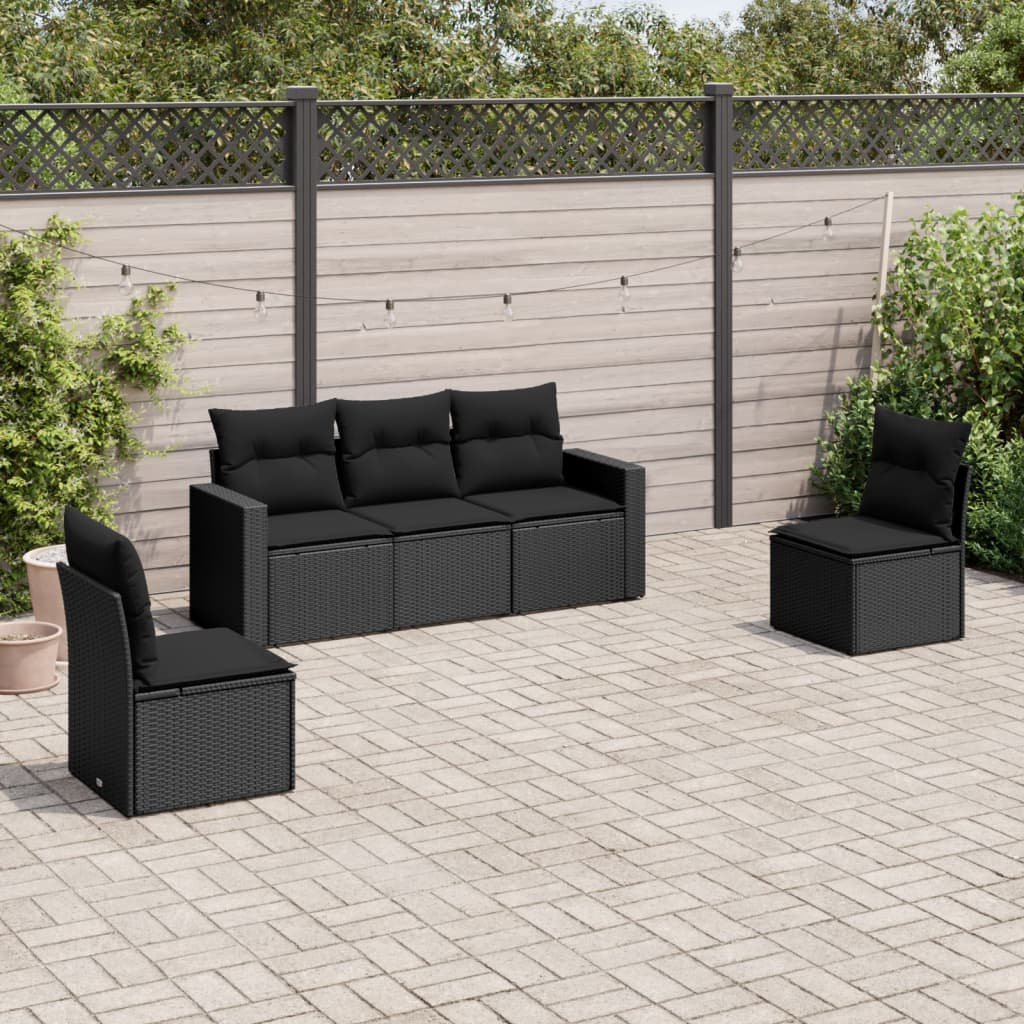 vidaXL 5-tlg. Garten-Sofagarnitur mit Kissen Schwarz Poly Rattan