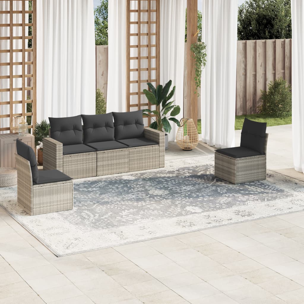 vidaXL 5-tlg. Garten-Sofagarnitur mit Kissen Hellgrau Poly Rattan