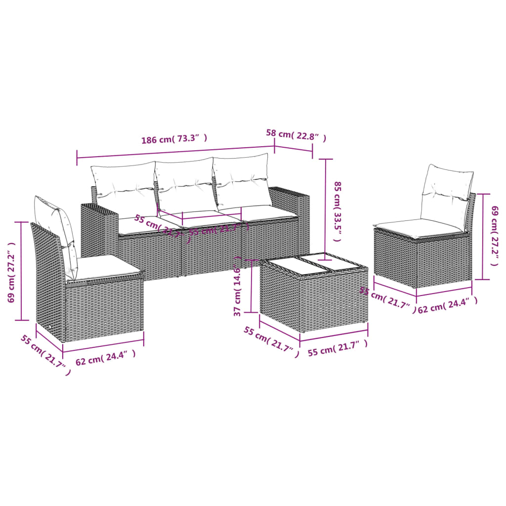 Set canapele de grădină cu perne, 6 piese, bej, poliratan 3251135 - imagine 3
