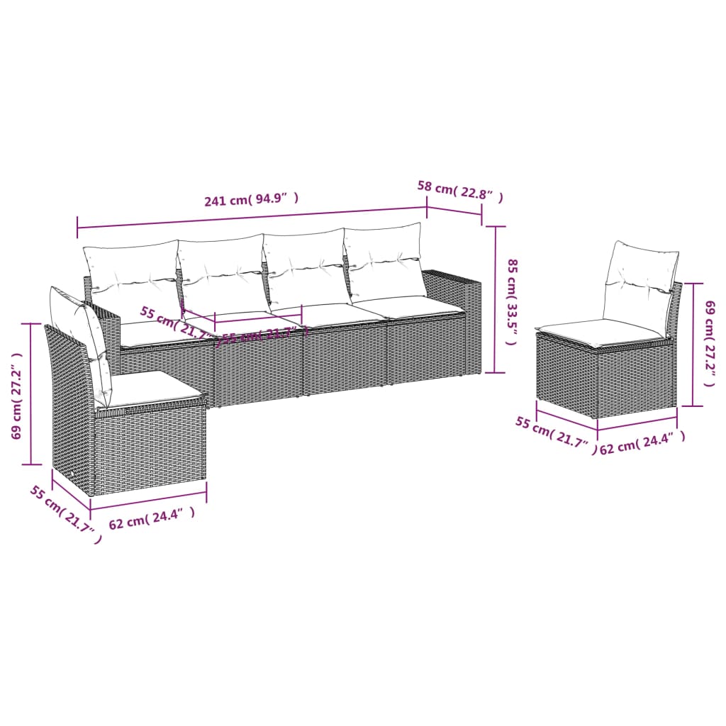 vidaXL 6-delige Loungeset met kussens poly rattan beige afbeelding
