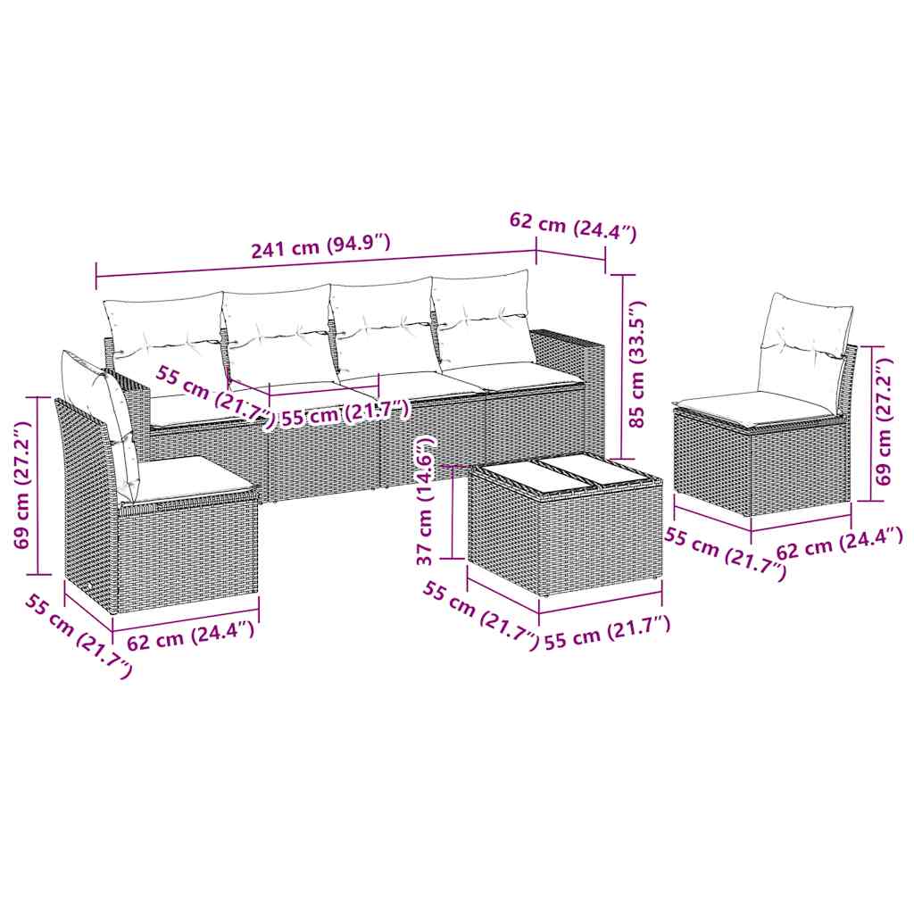 vidaXL 7-delige Loungeset met kussens poly rattan zwart afbeelding