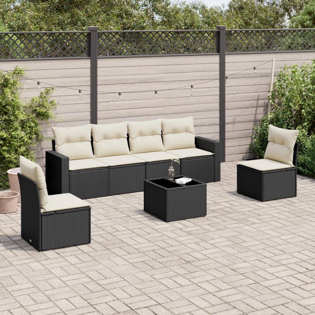 vidaXL 7-tlg. Garten-Sofagarnitur mit Kissen Schwarz Poly Rattan