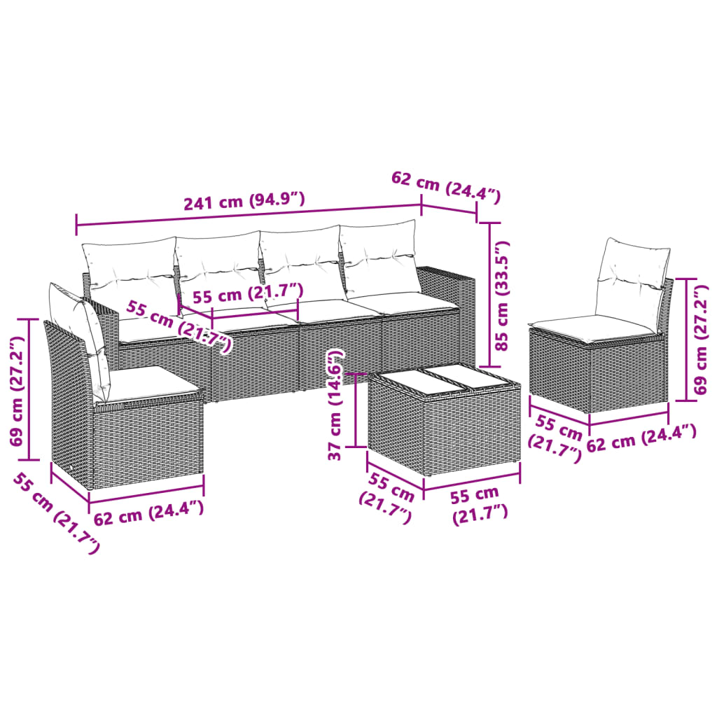 vidaXL 7-delige Loungeset met kussens poly rattan lichtgrijs afbeelding
