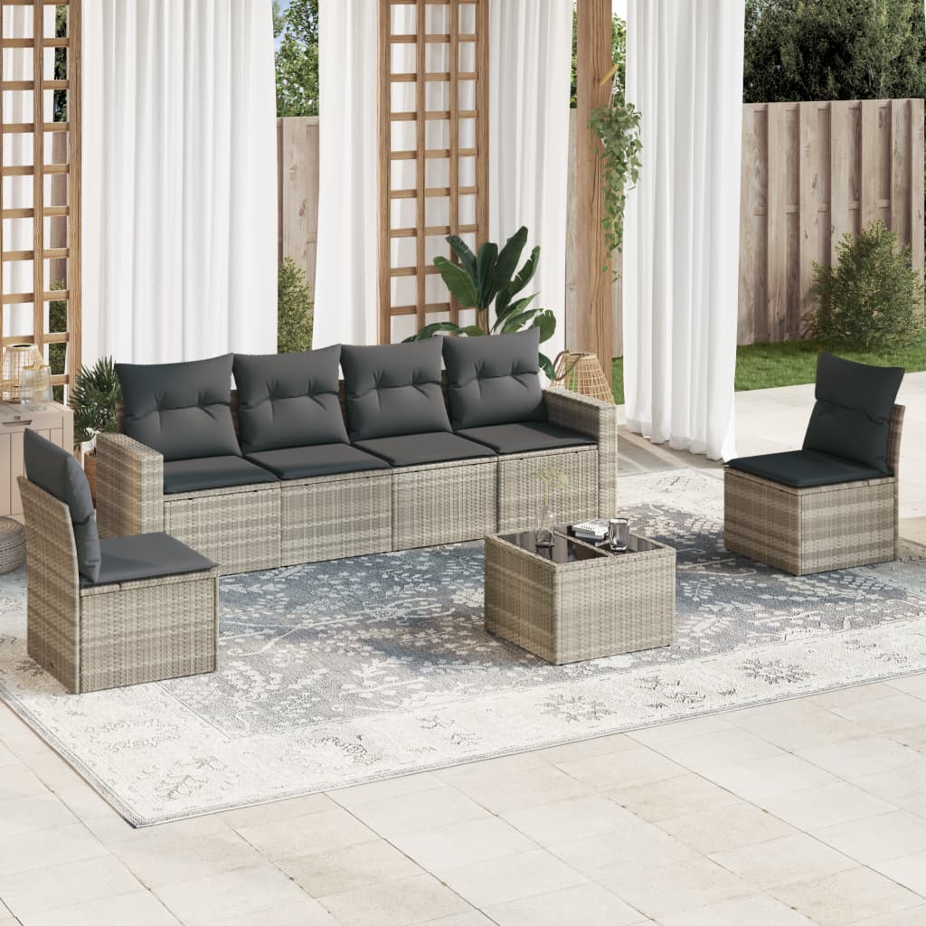 7-tlg. Garten-Sofagarnitur mit Kissen Hellgrau Poly Rattan