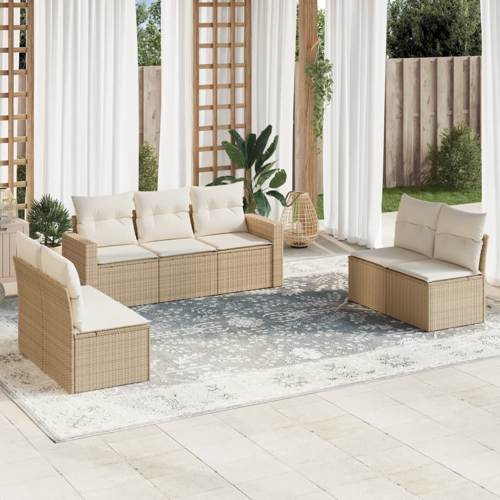 vidaXL 7-tlg. Garten-Sofagarnitur mit Kissen Beige Poly Rattan