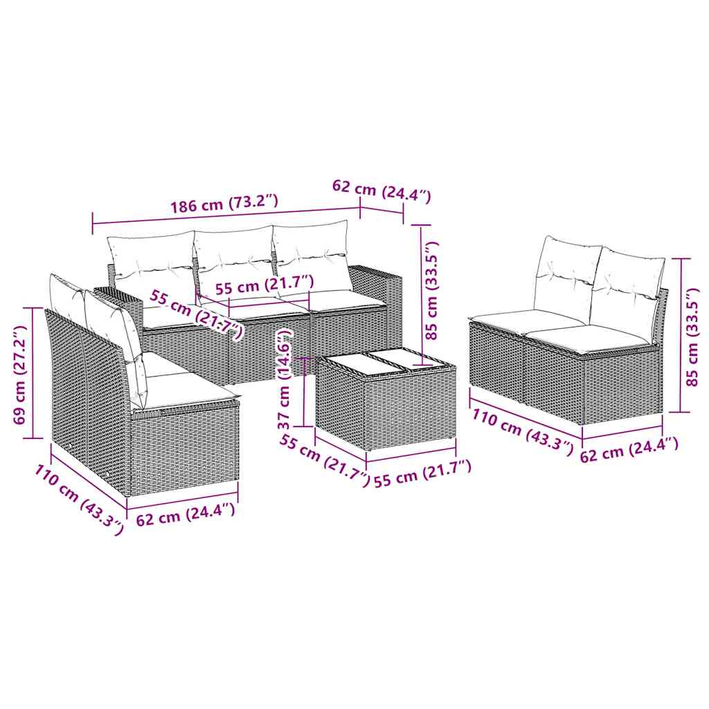 vidaXL 8-delige Loungeset met kussens poly rattan zwart afbeelding