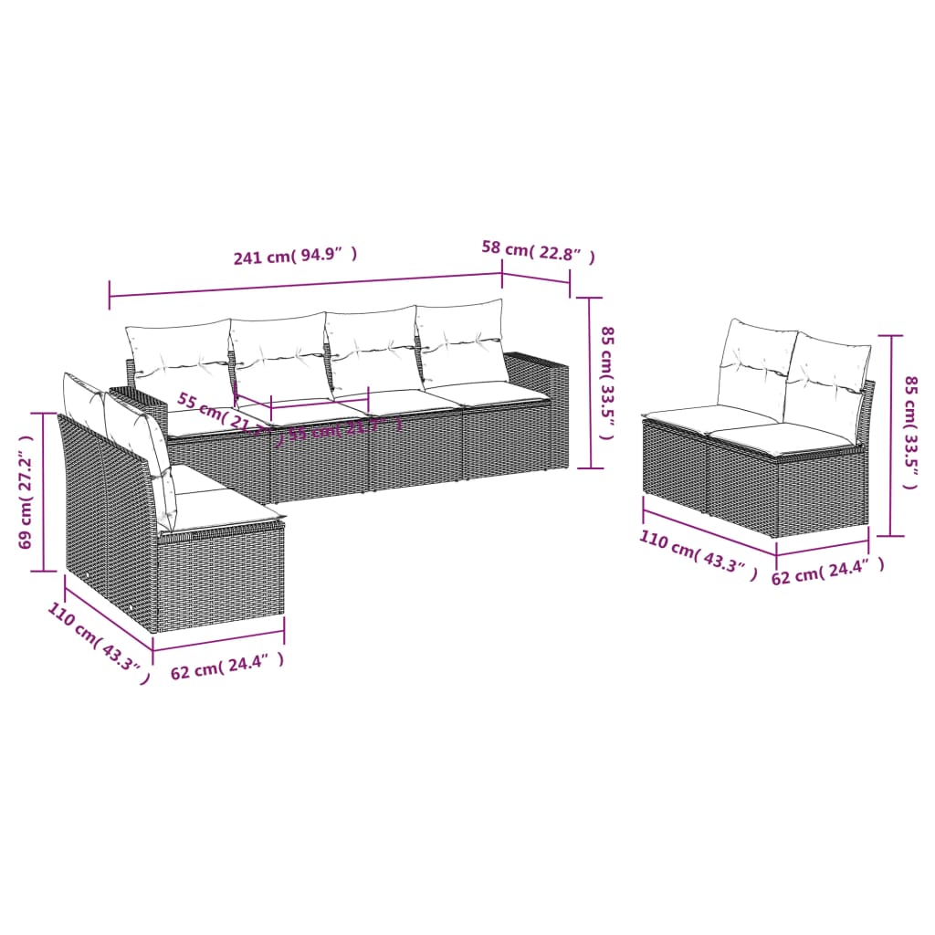 Thumbnail - vidaXL 8-tlg. Garten-Sofagarnitur mit Kissen Beige Poly Rattan