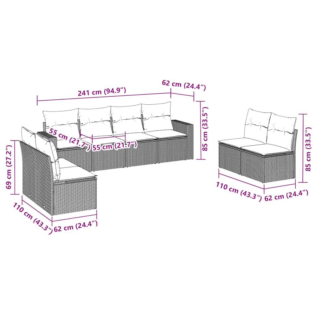vidaXL 8-delige Loungeset met kussens poly rattan bruin afbeelding