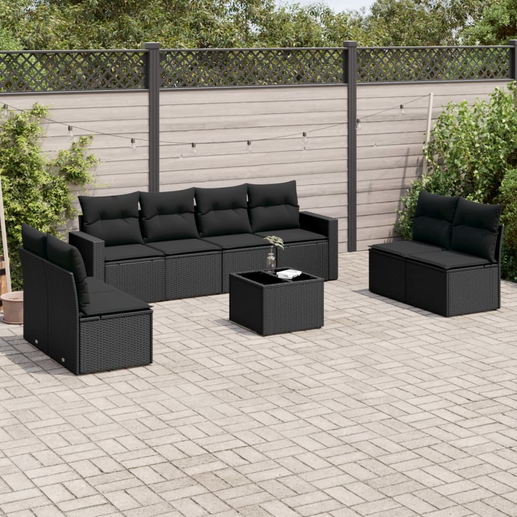 vidaXL 9-tlg. Garten-Sofagarnitur mit Kissen Schwarz Poly Rattan